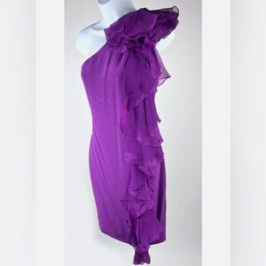 Women's Marchesa Notte Purple One Shoulder Ruffle Sheath Dress Size 4